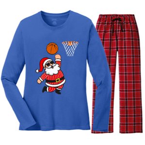 Christmas Santa Claus Dunking A Basketball Funny Xmas Great Gift Women's Long Sleeve Flannel Pajama Set 