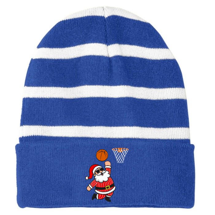 Christmas Santa Claus Dunking A Basketball Funny Xmas Great Gift Striped Beanie with Solid Band