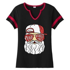 Cool Santa Claus Merry Christmas Glasses Xmas Pajamas Ladies Halftime Notch Neck Tee