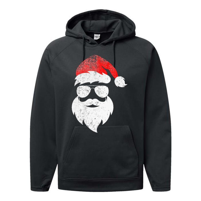 Christmas Santa Claus Face Sunglasses With Hat Beard Performance Fleece Hoodie