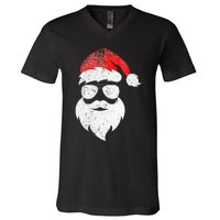 Christmas Santa Claus Face Sunglasses With Hat Beard V-Neck T-Shirt