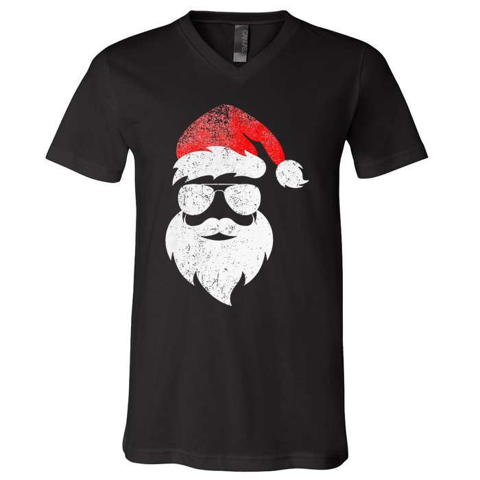 Christmas Santa Claus Face Sunglasses With Hat Beard V-Neck T-Shirt