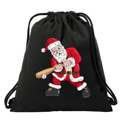 Christmas Santa Claus With Baseball Bat Baseball Drawstring Bag
