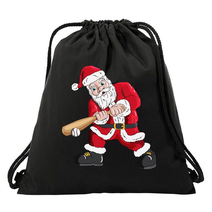 Christmas Santa Claus With Baseball Bat Baseball Drawstring Bag