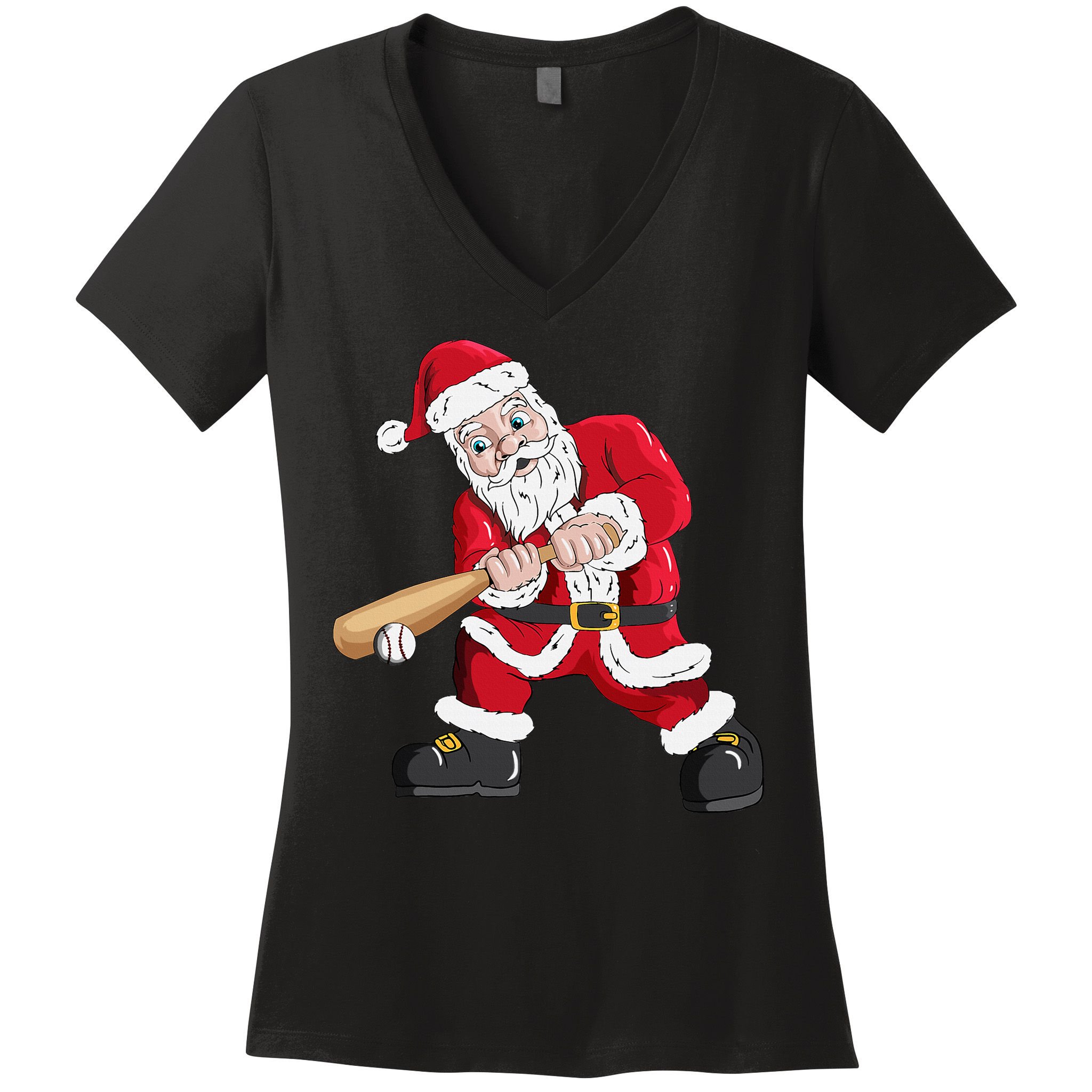 Christmas Santa Claus With Baseball Bat Baseball Women's V-Neck T-Shirt