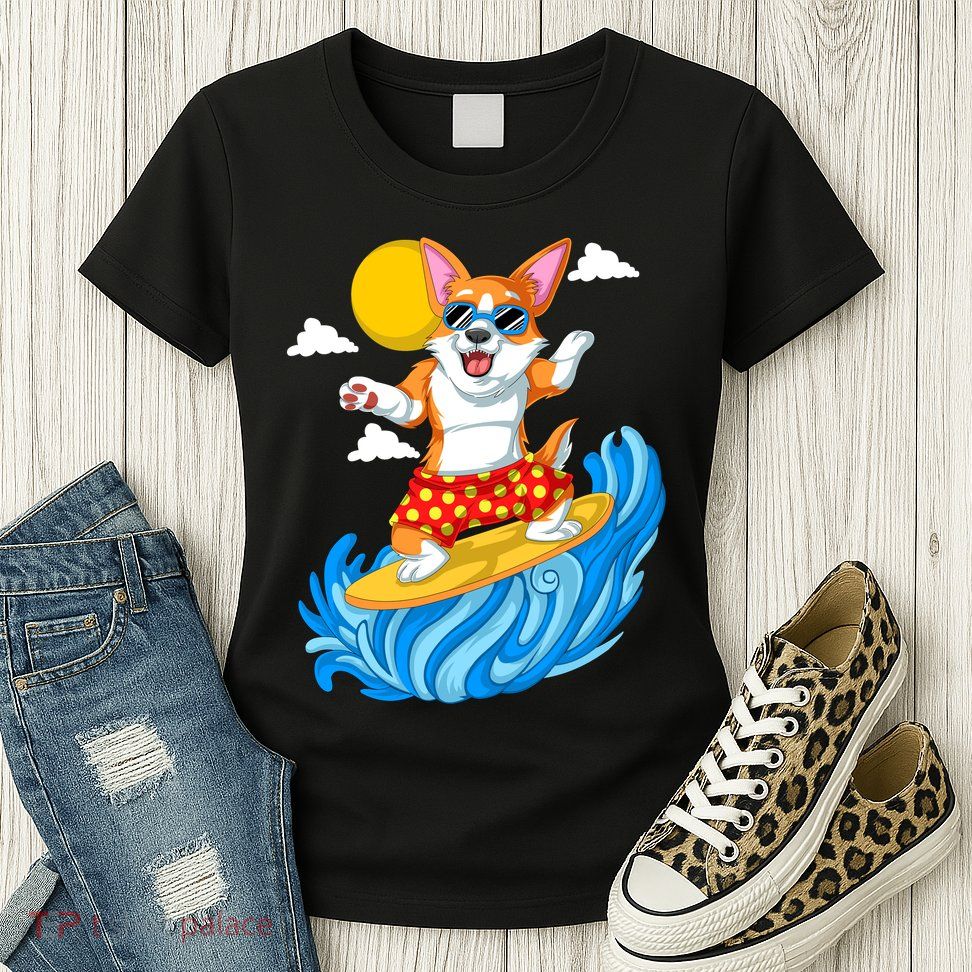 Corgi Surfing Womens T-Shirt