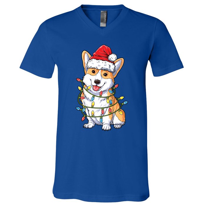 Corgi Santa Christmas Tree Lights Xmas Funny Gift Gift V-Neck T-Shirt