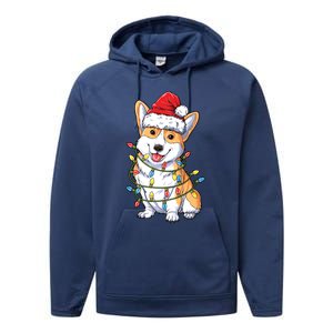 Corgi Santa Christmas Tree Lights Xmas Funny Gift Gift Performance Fleece Hoodie