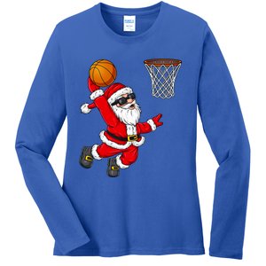 Christmas Santa Claus Dunking A Basketball Xmas Gift Ladies Long Sleeve Shirt