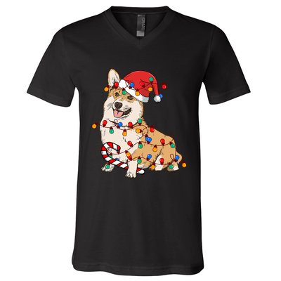 Corgi Santa Christmas Lights Xmas Dog Lover Merry Corgmas V-Neck T-Shirt