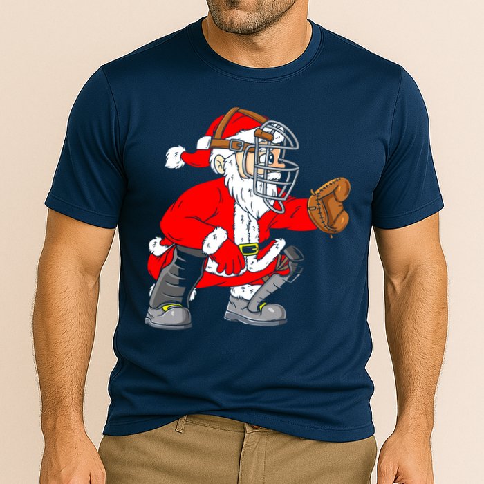 Christmas Santa Claus Baseball Catcher Cooling Performance Crew T-Shirt