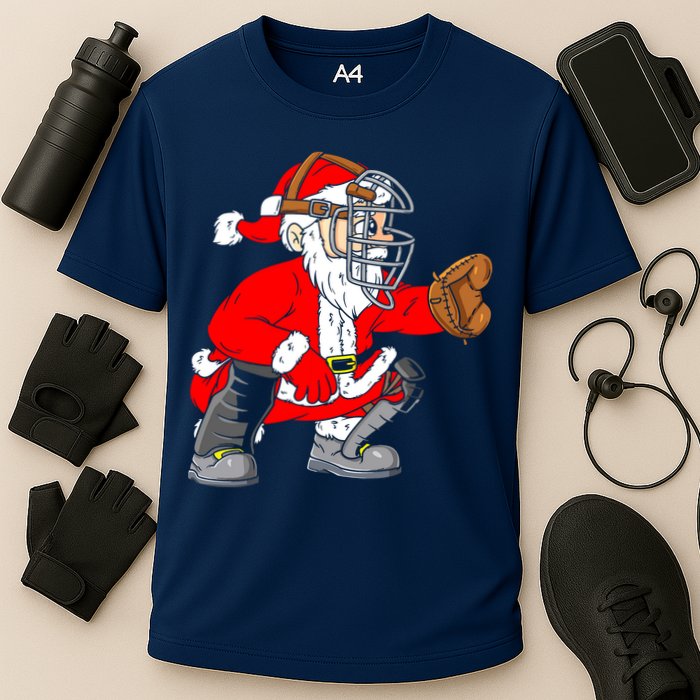 Christmas Santa Claus Baseball Catcher Cooling Performance Crew T-Shirt