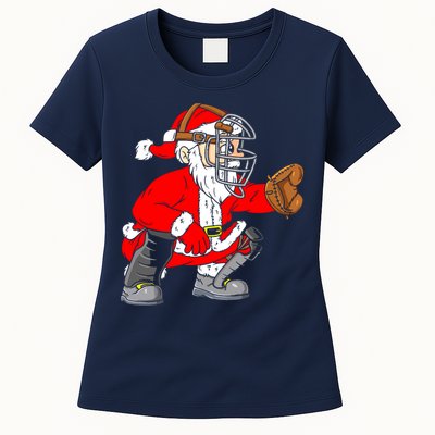 Christmas Santa Claus Baseball Catcher Womens T-Shirt