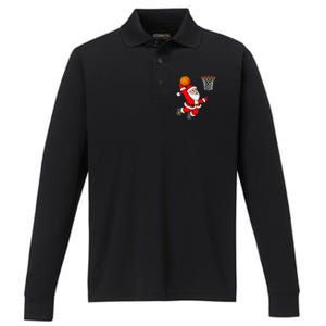 Christmas Santa Claus Dunking A Basketball Funny Xmas Performance Long Sleeve Polo