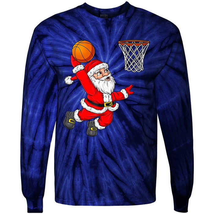 Christmas Santa Claus Dunking A Basketball Funny Xmas Tie-Dye Long Sleeve Shirt