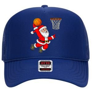 Christmas Santa Claus Dunking A Basketball Funny Xmas High Crown Mesh Back Trucker Hat