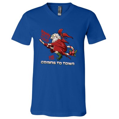 Christmas Santa Claus Is Coming Funny Santa Claus Gift V-Neck T-Shirt