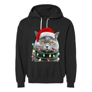 Cat Santa Christmas Tree Lights Xmas Girls Boy Meowy Catmas Garment-Dyed Fleece Hoodie