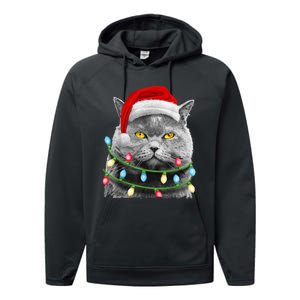 Cat Santa Christmas Tree Lights Xmas Girls Boy Meowy Catmas Performance Fleece Hoodie