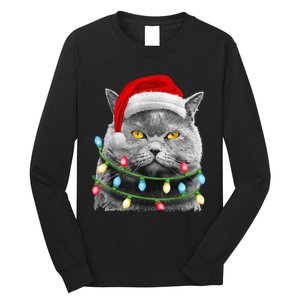 Cat Santa Christmas Tree Lights Xmas Girls Boy Meowy Catmas Long Sleeve Shirt