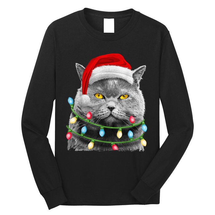 Cat Santa Christmas Tree Lights Xmas Girls Boy Meowy Catmas Long Sleeve Shirt