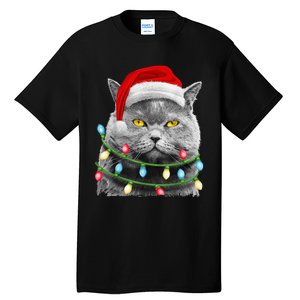 Cat Santa Christmas Tree Lights Xmas Girls Boy Meowy Catmas Tall T-Shirt