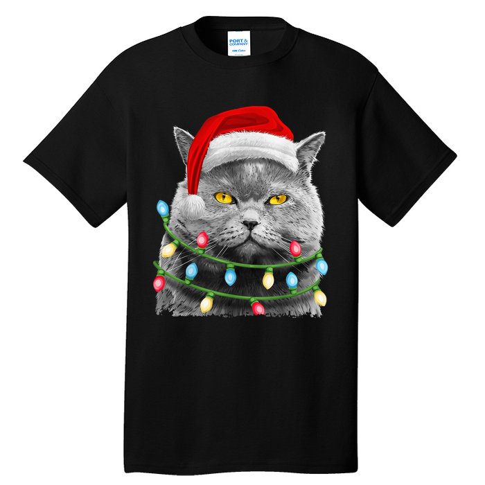 Cat Santa Christmas Tree Lights Xmas Girls Boy Meowy Catmas Tall T-Shirt