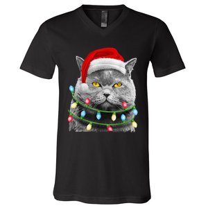 Cat Santa Christmas Tree Lights Xmas Girls Boy Meowy Catmas V-Neck T-Shirt