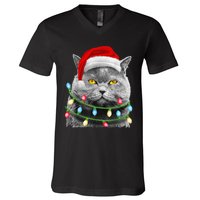 Cat Santa Christmas Tree Lights Xmas Girls Boy Meowy Catmas V-Neck T-Shirt