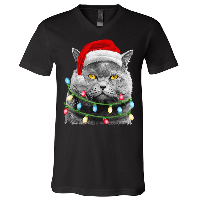 Cat Santa Christmas Tree Lights Xmas Girls Boy Meowy Catmas V-Neck T-Shirt