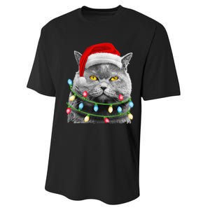 Cat Santa Christmas Tree Lights Xmas Girls Boy Meowy Catmas Performance Sprint T-Shirt