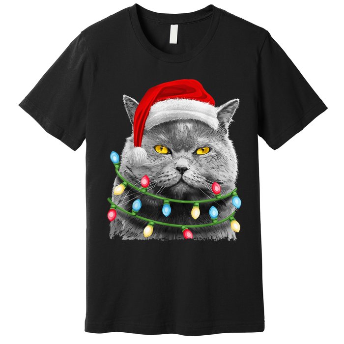 Cat Santa Christmas Tree Lights Xmas Girls Boy Meowy Catmas Premium T-Shirt