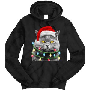 Cat Santa Christmas Tree Lights Xmas Girls Boy Meowy Catmas Tie Dye Hoodie