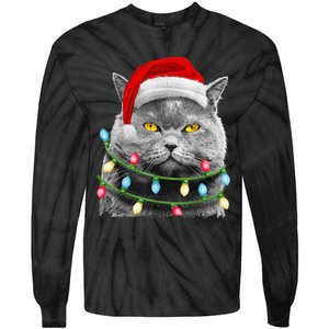 Cat Santa Christmas Tree Lights Xmas Girls Boy Meowy Catmas Tie-Dye Long Sleeve Shirt