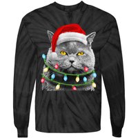 Cat Santa Christmas Tree Lights Xmas Girls Boy Meowy Catmas Tie-Dye Long Sleeve Shirt