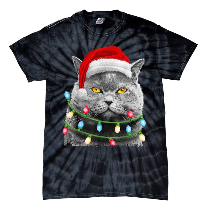 Cat Santa Christmas Tree Lights Xmas Girls Boy Meowy Catmas Tie-Dye T-Shirt