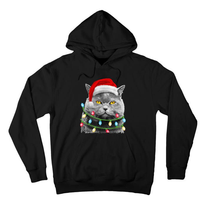 Cat Santa Christmas Tree Lights Xmas Girls Boy Meowy Catmas Tall Hoodie