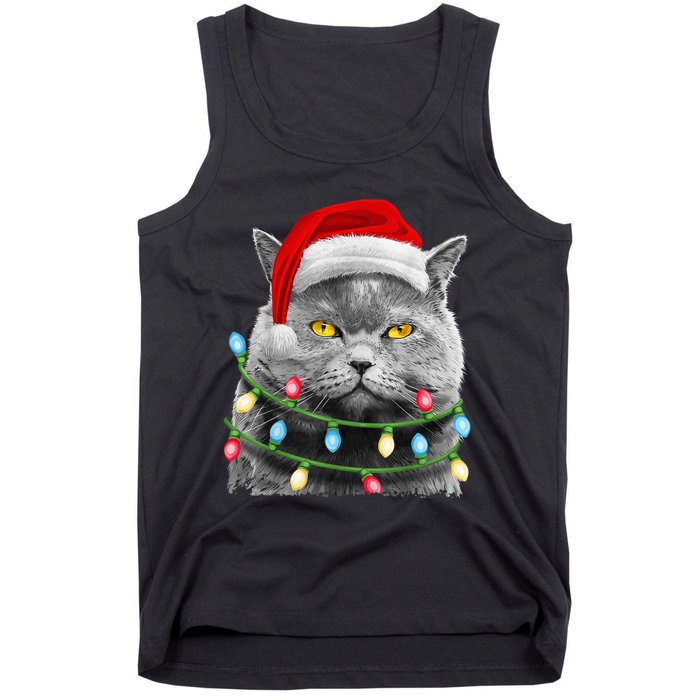 Cat Santa Christmas Tree Lights Xmas Girls Boy Meowy Catmas Tank Top