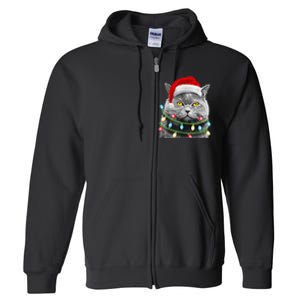 Cat Santa Christmas Tree Lights Xmas Girls Boy Meowy Catmas Full Zip Hoodie