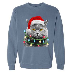 Cat Santa Christmas Tree Lights Xmas Girls Boy Meowy Catmas Garment-Dyed Sweatshirt