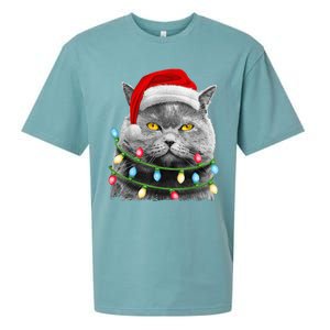 Cat Santa Christmas Tree Lights Xmas Girls Boy Meowy Catmas Sueded Cloud Jersey T-Shirt