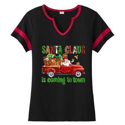 Christmas Santa Claus Is Coming To Town Xmas Red Truck Pjs Gift Ladies Halftime Notch Neck Tee