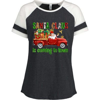 Christmas Santa Claus Is Coming To Town Xmas Red Truck Pjs Gift Enza Ladies Jersey Colorblock Tee