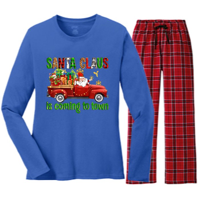 Christmas Santa Claus Is Coming To Town Xmas Red Truck Pjs Gift Women's Long Sleeve Flannel Pajama Set 