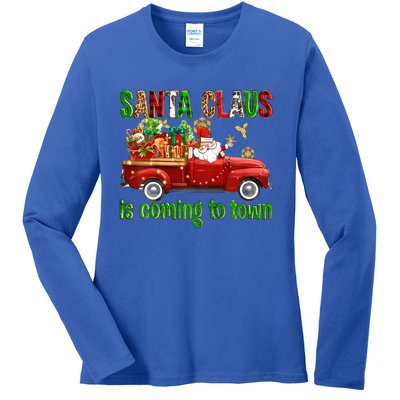 Christmas Santa Claus Is Coming To Town Xmas Red Truck Pjs Gift Ladies Long Sleeve Shirt