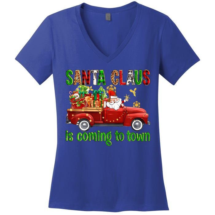 Christmas Santa Claus Is Coming To Town Xmas Red Truck Pjs Gift Women's V-Neck T-Shirt