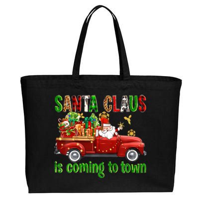 Christmas Santa Claus Is Coming To Town Xmas Red Truck Pjs Gift Cotton Canvas Jumbo Tote