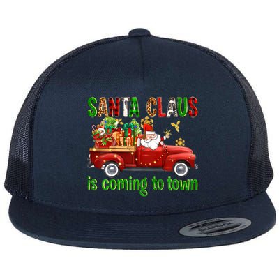 Christmas Santa Claus Is Coming To Town Xmas Red Truck Pjs Gift Flat Bill Trucker Hat