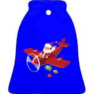 Christmas Santa Claus Pilot Flying Airplane Gift Ceramic Bell Ornament