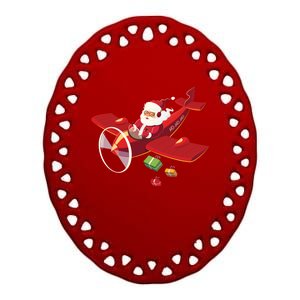 Christmas Santa Claus Pilot Flying Airplane Gift Ceramic Oval Ornament